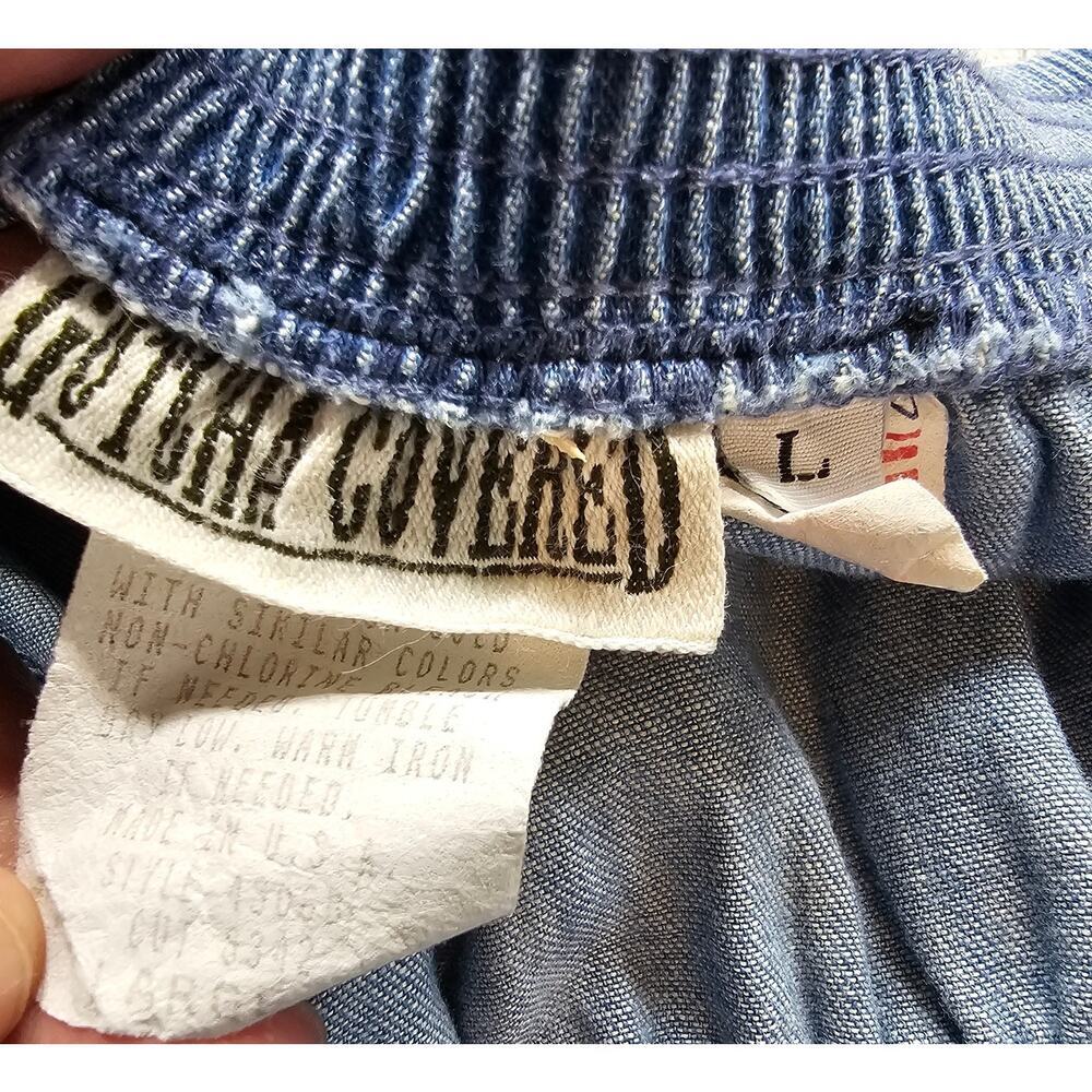 Vintage 90s Denim Maxi Skirt Womens Large Blue Tiered Cottage Western Full Boho - Picture 8 of 8